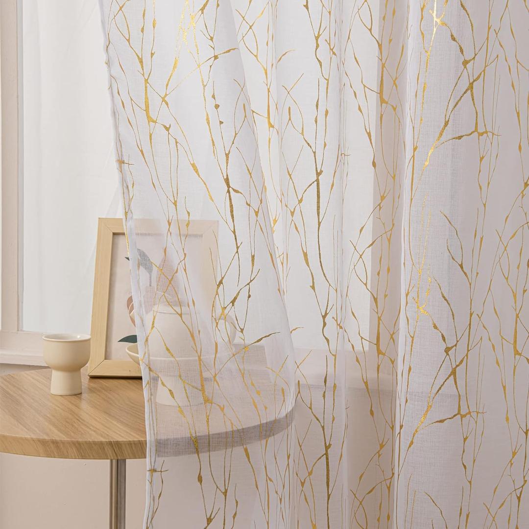 Deeprove White Sheer Curtains 63 inch Length 2 Panels, Tree Branch Gold Foil Print Metallic for Bedroom Living Room Xmas Artistic Abstract Decor, Window Treatment Pair Set, Rod Pocket, W52 x L 63"