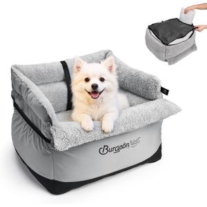 BurgeonNest Dog Car Seat for Small Dogs, Fully Detachable and Washable Cat Carseats Under 25 lbs, Soft Pet Booster Seats with Storage Pockets and Clip-On Leash Portable Car Travel Carrier Bed, Grey