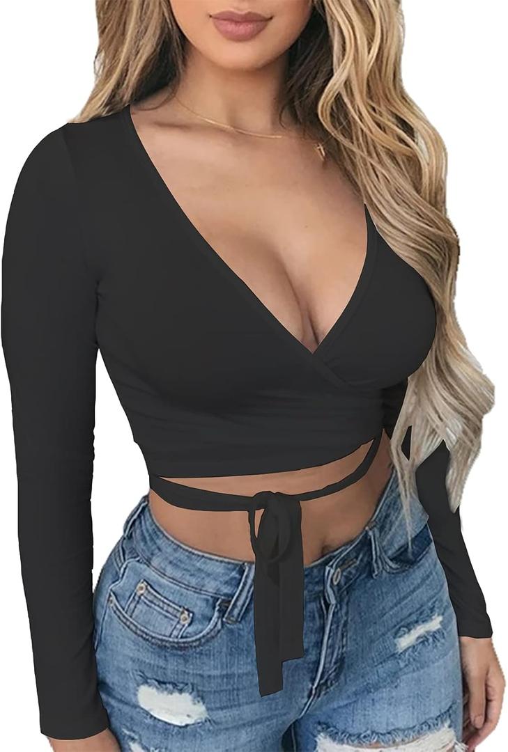 Artfish Women Sexy Deep V Neck Fleece Lined Crop Top Bandage Wrap Tie Fitted Cleavage Shirts (Black, L)