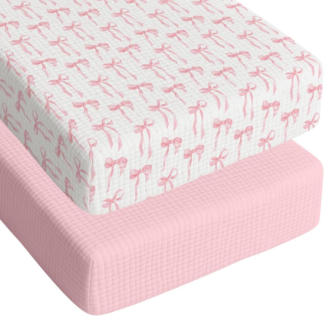 Breling 2 Pcs Muslin Pink Bow Crib Sheets for Girl Soft and Breathable 100% Cotton Crib Baby Bed Sheets Fitted Coquette Bow Mattress Cover for 52''x 28'' Standard Mattress Size