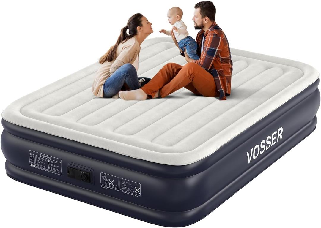 Air Mattress Queen with Built in Pump,18'' Inflatable Mattress of Vertical Beams,Self Inflatable/Deflation Blow Up Mattress in 3 Mins,Flocked Top Airbed with Carry Bag for Home, Camping