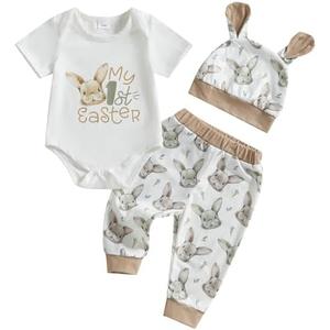 Nsdoiouw Baby Boy Girl Easter Outfits Set Short Sleeve Letter Print Romper Bunny Fishing Long Pants Hat 3Pcs Clothes Sets 9-12M, And 3-6M