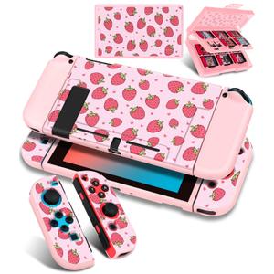 Gurgitat 4in1 Cute for Nintendo Switch Case Protector Switch Game Cases Cartridge Storage Flowers Black Cat Cartoon Girls 24 Game Card Holder Organizer+Skin Controller Dockable Cover for Switch 2017 (13-Pink Strawberry)