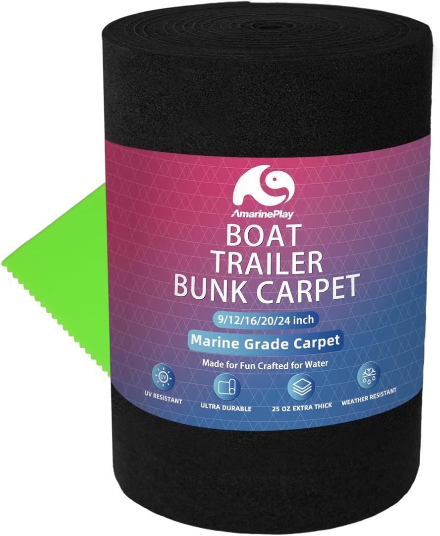 Bunk Carpet for Boat Trailer, 16 Inch Wide x 20ft Marine Carpet for Trailer Bunk Boards, Boat Lift Bunks, Runners, Outdoor Marine Grade Saltwater&Wear-Resistant Jet Ski Pontoon Bunker Cover Black