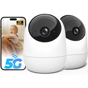 Rraycom 2Pack 2K Security Camera Indoor 5G/2.4 GHz Wi-Fi, Baby Monitor Pet/Dog Camera 360-Degree for Home Security, Smart Motion Tracking, 24/7 Live View, Night Vision, Compatible with Alexa (White)
