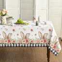 Horaldaily Easter Tablecloth 60x60 Inch, Spring Flower Buffalo Plaid Bunny Ear Table Cover for Party Picnic Dinner Decor (White)
