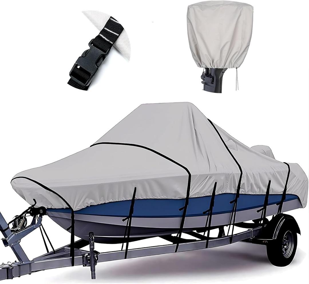 1200D 100% Waterproof Center Console Boat Cover with Motor Cover, Tear-Proof Trailerable Boat Cover for Center Console Boat with 13-19 Windproof Straps (Gray, 14' - 16' L, UP to 90" W)