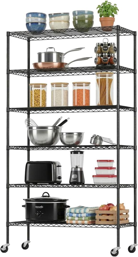 Storage Shelves 2100Lbs Capacity, 6-Shelf on Casters 45" L18" W82" H Commercial Wire Shelving Unit Adjustable Layer Metal Rack Strong Steel for Restaurant Garage Pantry Kitchen,Black, 18L x 45W x 82H