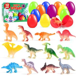 12 PCS Prefilled Easter Eggs with Dinosaur Toys, Filled Easter Basket Stuffers Gifts for 3-8 Year Old Kids Toddlers, Easter Egg Fillers Party Favors Classroom Prize Supplies