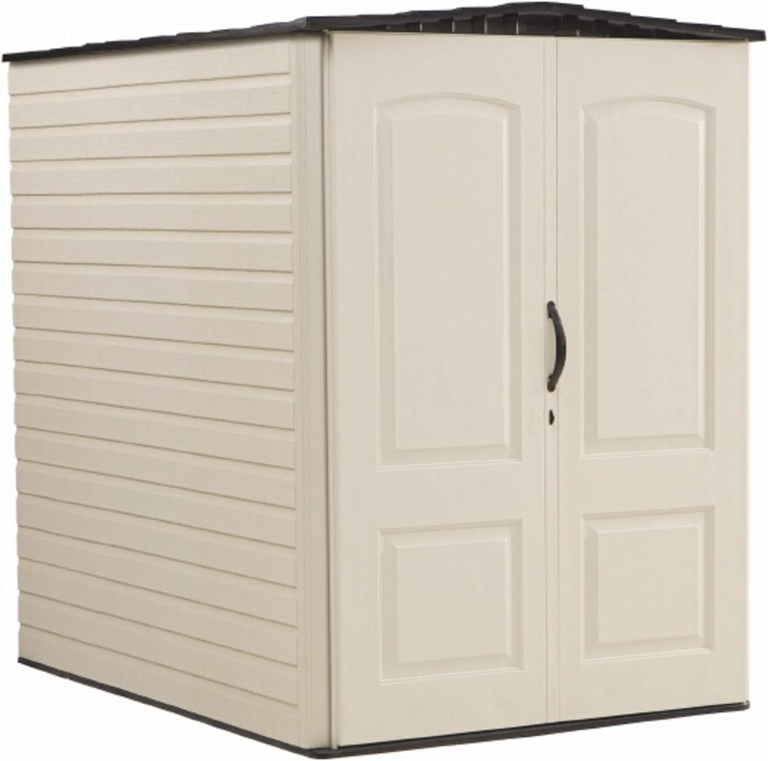 Rubbermaid Large Vertical Resin Outdoor Storage Shed With Floor (6.2 x 4.6 Ft), Weather Resistant, Beige/ Brown, Organization for Home/ Backyard/ Garden Tools/ Lawn Mower/ Bike Storage/ Pool Supplies