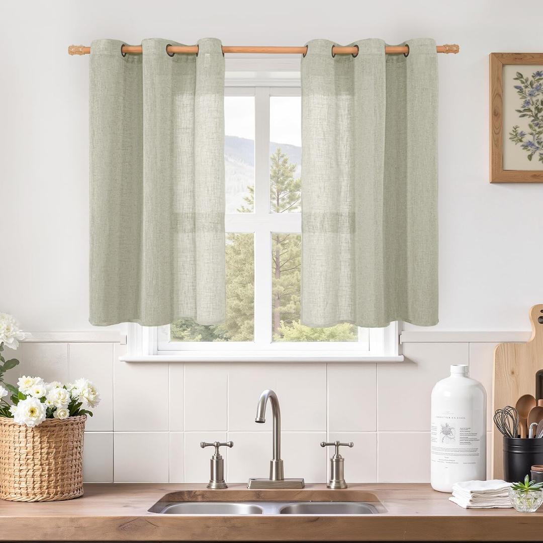 LAMIT Short Linen Curtains 40 Inch Length, Sage Grey Small Window Semi Sheer Drapes Light Filtering Bronze Grommet Neutral Panels for Cafe/Basement, 2 Panels Set, 34 x 40 Inch