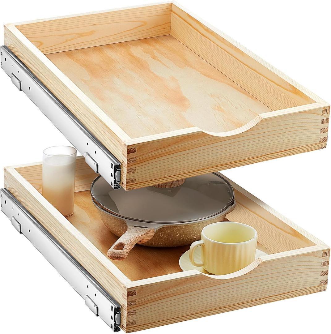 Menkxi 2 Set Pull out Tray Cabinet Organizer Wooden Pull Drawers storage Slide out Pantry Shelf for Base Cabinet Kitchen Gentle Close Fully Assembled Accessories(Wood Color,15'' X 21'' X 3'')