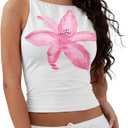Women Y2k Floral Print Spaghetti Strap Crop Tank Tops Cute Boat Neck Tight Fitted Sleeveless Camisole Going Out (M)