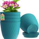 7 inch Flower Pots, 5 Pack Plant Pots with Drainage Holes and Saucers for Indoor Plants, Plastic Planters with Water Ripple for Small Garden House Plants, Nursery Pots for Succulent, Blue Green