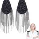 WEBEEDY 2 PCS Beaded Crystal Shoulder Patches Black Crystal Tassels Epaulet Handmade Sew on Shoulder Pad Shoulder Embellishment Epaulets Tassel Chain Metal Epaulettes Beads Punk Fringe Epaulet