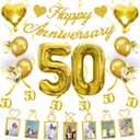 50th Anniversary Decorations Party Supplies Set of Happy Anniversary Photo Banner and Balloons,Hanging Swirls for 50 year Wedding decor(Gold)