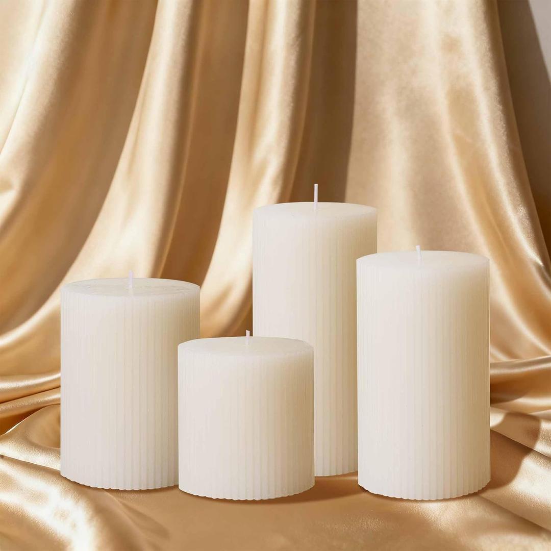 Ribbed Pillar Candles Set of 4, Width 3" High 3" 4" 5" 6" Large Mixed Soy Wax Scented Pillar Candles White Aesthetic Ribbed Modern Home Decor for Bathroom Living Room Wedding