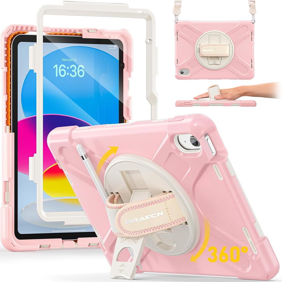 BRAECN for iPad (A16) 11th/10th Generation case 11/10.9 inch 2025/2022 Heavy Duty Shockproof Protective with Pencil Holder Screen Protector 360Rotating Stand Handle & Shoulder Strap Full Body Cover (Sakura Pink)