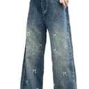 SHHYJUN Girls Bow Patterned Baggy Wide Leg Jeans Elastic Waist Casual Washed Denim Pants Age(Wide Leg 15, 12-13 Years)