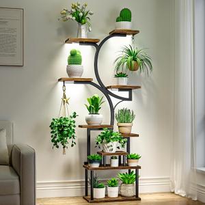 VECELO 66.1" Tall Plant Stand Indoor with Grow Lights, 9-Tier Plant Shelf with Hanging Hooks, S-Shaped Metal Plant Rack, Space-Saving for Home, Living Room & Corner Spaces, Brown