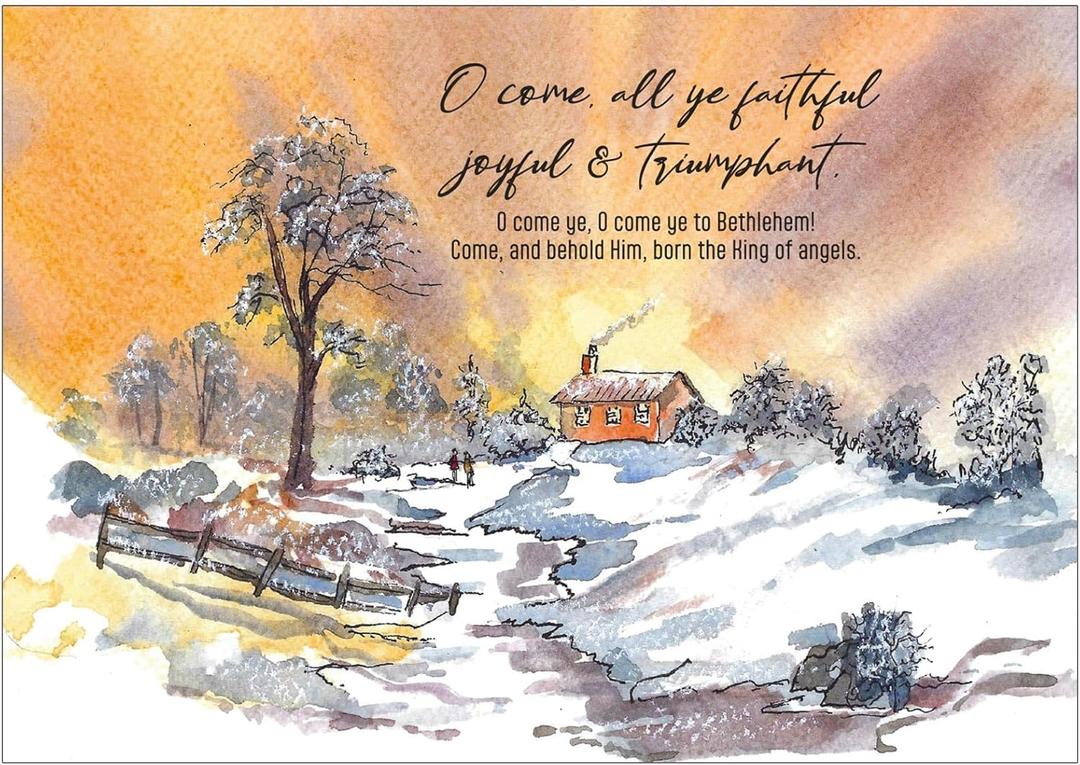 2 x Watercolor Christmas cards with envelopes, pack of 20, 5x7in, printed in England - with Carol, 'O Come all Ye Faithful'. Christmas cards bulk, by Just Cards Direct