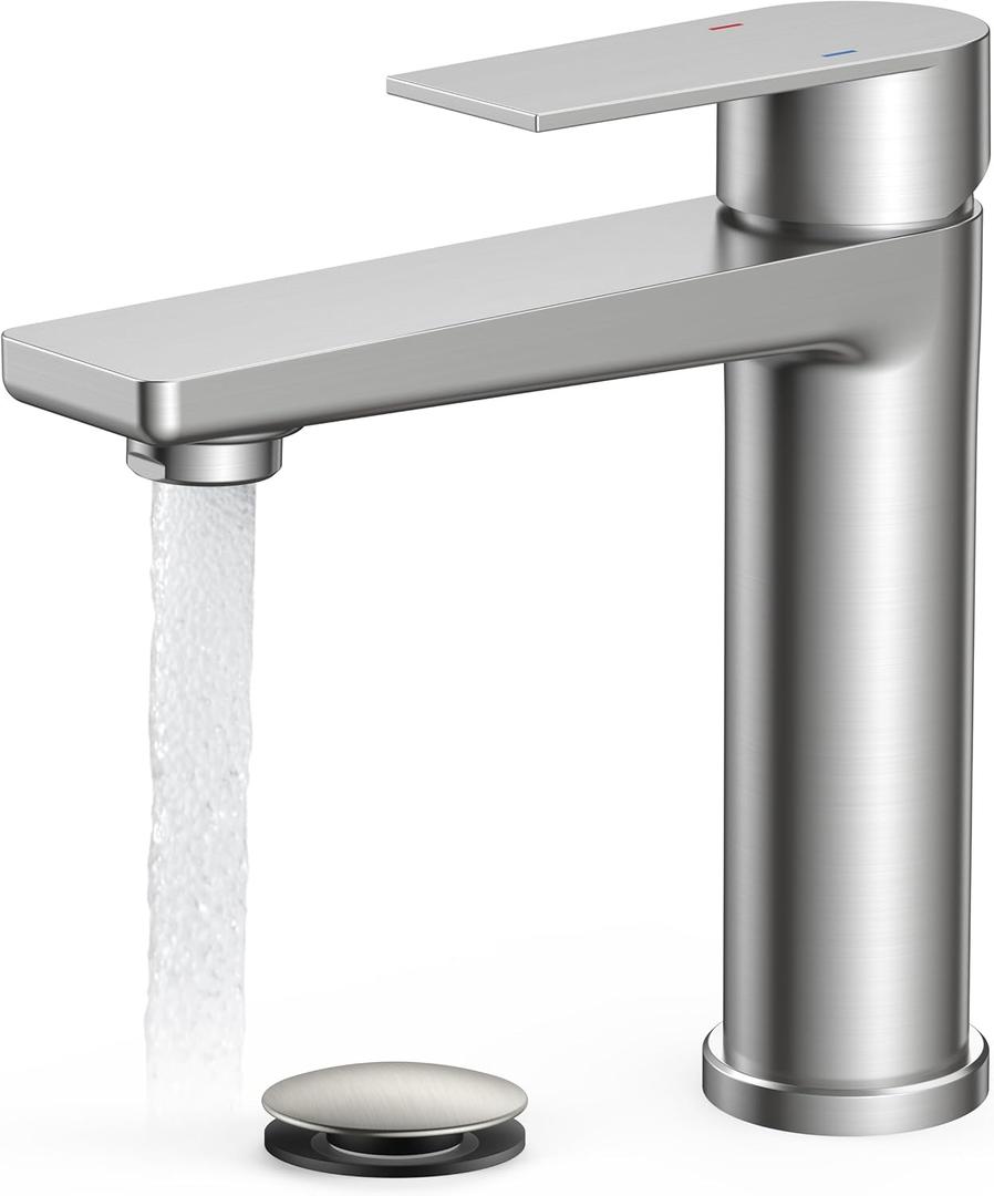 FORIOUS Brushed Nickel Bathroom Faucet 1 Hole, Single Handle Single Hole Bathroom Faucet Brushed Nickel with Deck Plate and Pop Up Drain, CUPC Hoses for One Handle Vanity Sink, Rv, Camper, Farmhouse