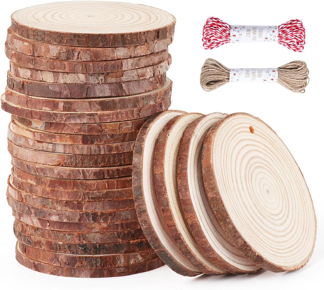 30 Pcs Wood Slices For Crafts, 1.7"-2.3 Pre-Drilled Holes Wood Rounds, 66 Feet Twine String, Wooden Circles For Crafts Burning Painting Diy Crafts Christmas Wedding Party Wedding Decor Party