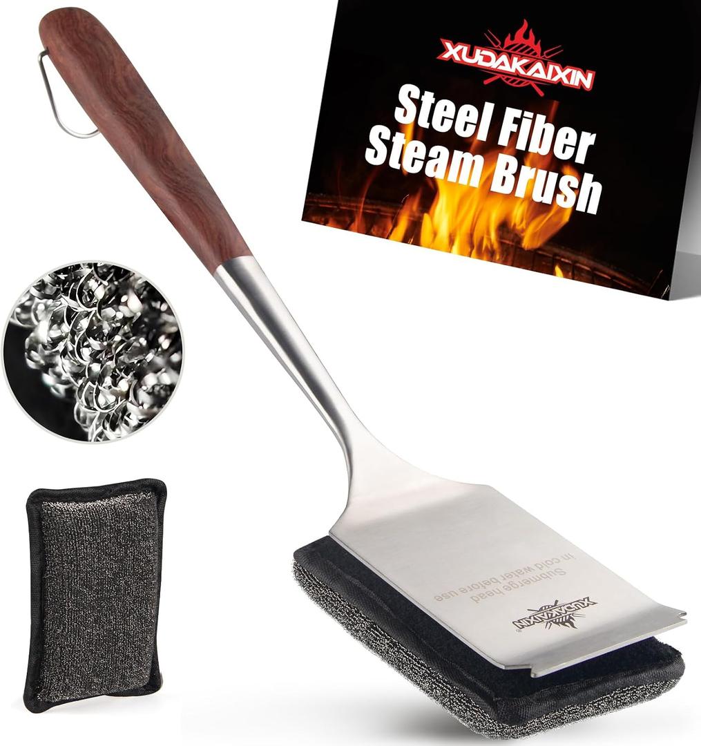 Bristle-Free Steam Cleaning Grill Brush Kit Luxurious Long Rosewood Handle, Includes 1 Replacement Head Safe BBQ Grill Cleaning for Outdoor Grill Great Gift for Men/Dad