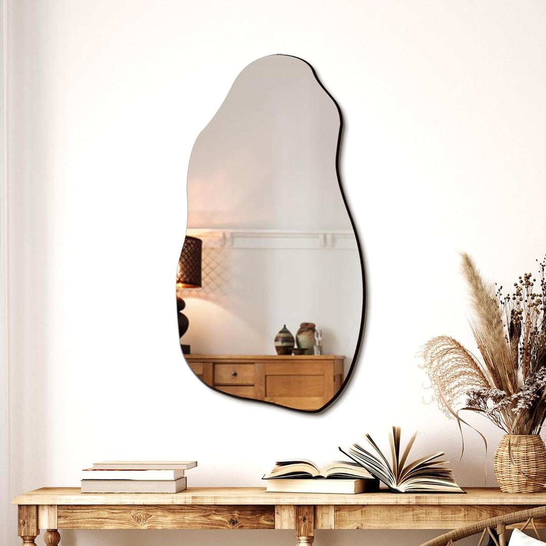 Irregular Asymmetrical Wall Mirror for Living Room Bathroom Entryway, Modern Decorative Mirror Hanging (Hook Style, 31.5'' x 17.7'') (Frameless)