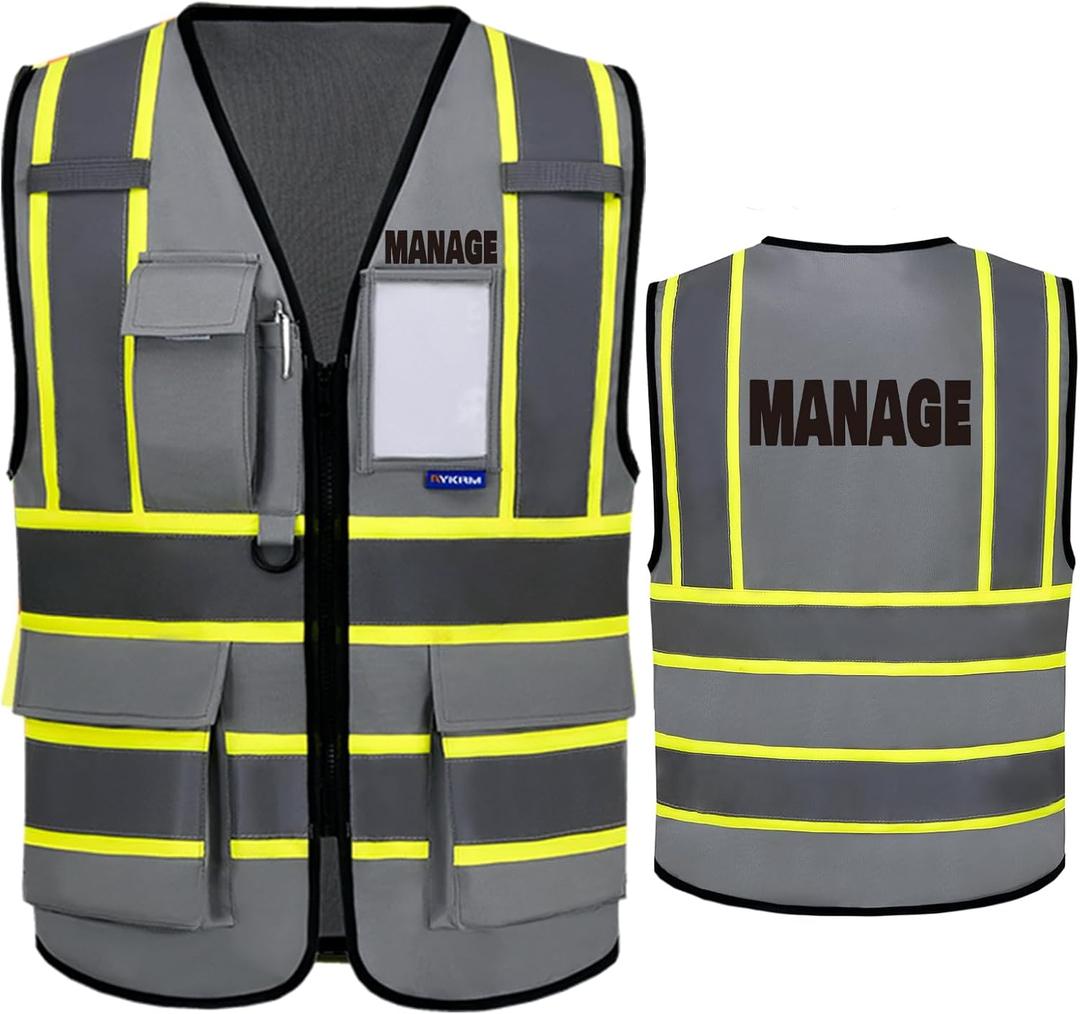 AYKRM Security Vest for Men Women 7 Pockets High Visibility Reflective Safety Vest Front Zipper Meets ANSI/ISEA (Gray, XXXL)