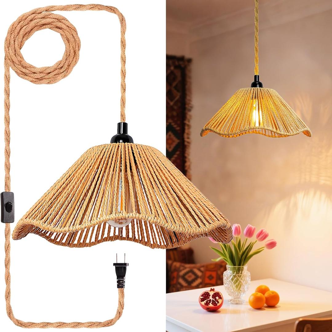 Hanging Lights with Plug in Cord Rattan Hanging Lamp Boho Ceiling Light Fixtures Farmhouse Pendant Lamp Shape for Living Room Bedroom Kitchen (12.4 Inch-Umbrella Shade)