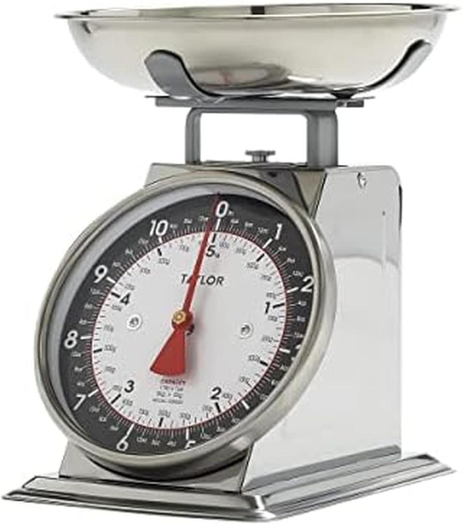 Taylor Mechanical Kitchen Food Scale with Bowl, Weighs Up to 11lbs, Measures in Grams and Ounces, Analog Cooking Scale for Baking, Black and Silver