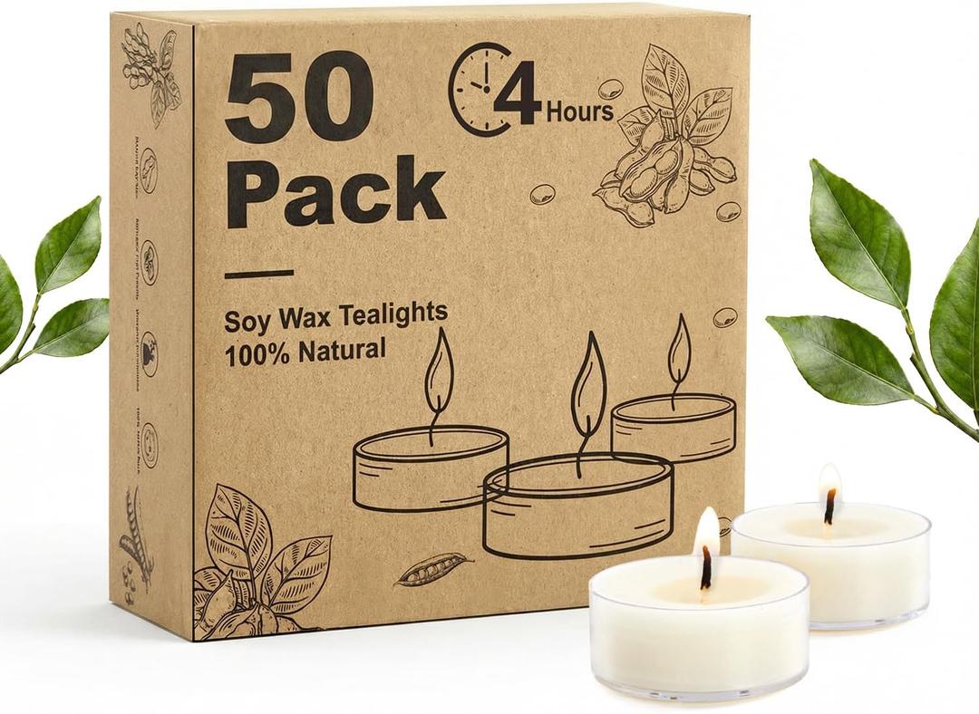 Unscented Soy Tea Lights Candles 50 Pack Bulk, 4 Hours Long Burning White Tea Lights,Non-Paraffin, Smokeless, Mini Tealight Votive Candles for Wedding, Table Centerpiece, Christmas Lights