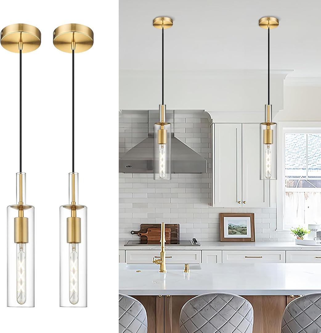 AUTELO 2 Pack Pendant Light Fixtures, Brushed Gold Pendant Lights Kitchen Island, Vintage Cylinder Glass Pendant Lights, Hanging Light for Kitchen Island, Dining Room, H3875 BGNR-2PK (Small - 2 Pack)