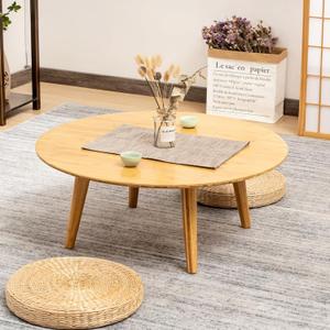 Round Bamboo Small Coffee Table, Low Japanese Style Table for Living Room, Mid Century Circle Coffee Table, 23.6'' Sofa Side End Tables for Sitting on The Floor (Wood)