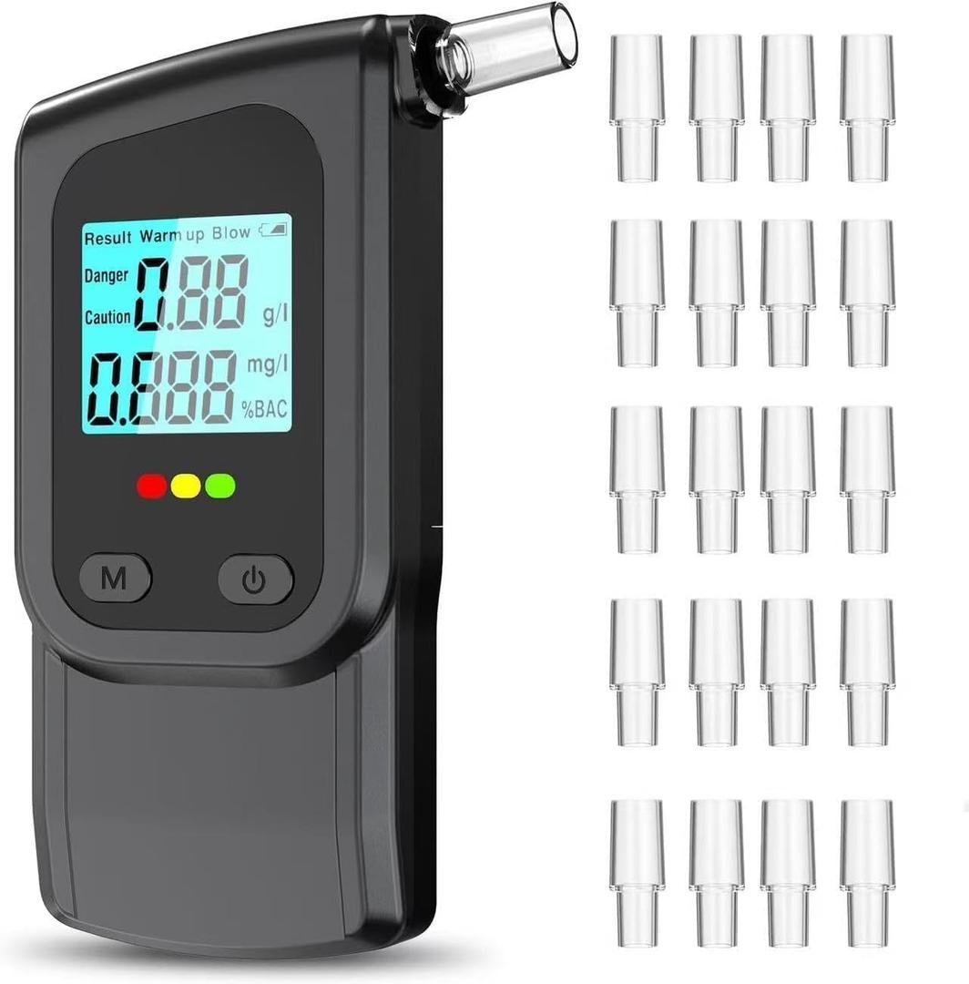 Breathalyzer, LCD Digital Alcohol Tester with 20 Mouthpieces - Portable & Easy to Use for Personal, Home, and Party Safety High Accuracy Breath (Black)