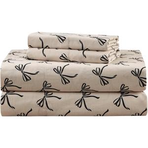 Comfort Spaces 100% Cotton Sheets Cal King, Breathable, Naturally Cool Cotton Sheets, Cotton Bed Sheets with 14" Elastic Pocket Fits up to 16" Mattress, All Seasons Sheet Set, Bow Black/Taupe 4 Piece