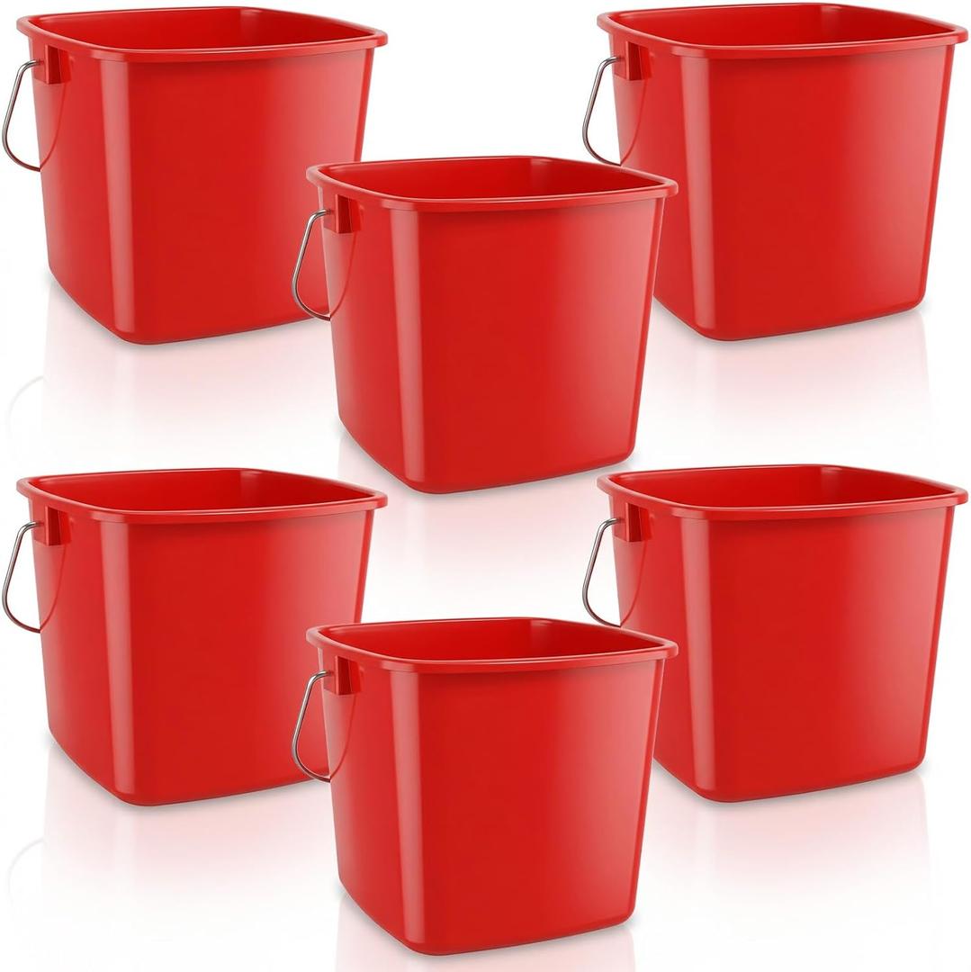 6 Pcs 3 Quart Small Bucket Square Detergent Sanitation Bucket Plastic Small Cleaning Pail with Handles Stackable Utility for Home, Office, Kitchen, School, Commercial Use, Food Service（Red）