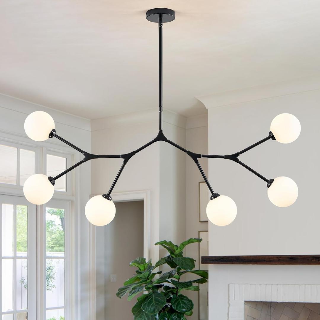 6 Lights Sputnik Chandelier for Dining Room L45 Black Modern Pendant Light Fixture with Milk Glass Shade Large Mid Century Chandeliers for Kitchen Island Living Room Foyer