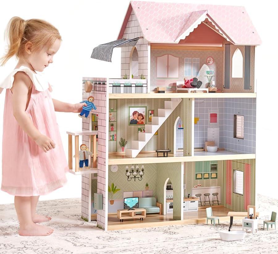 Giant bean Large Pink Wooden Dollhouse with Furniture for Girls with Doorbell, Light,Elevator, 6 Rooms 2.6ft High,15 Pcs Furniture & 3 Dolls, Kids Playhouse Toy for Girls 3-7+, 31.5" x 25" x 12.2"