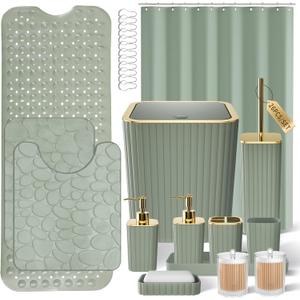 26PC Bathroom Accessories Set - Gorgeous Sage Green Bathroom Set, Bathroom Accessory Set, Shower Curtain Set with Bathtub Mats for Shower Tub, Trash Can & Soap Dispenser
