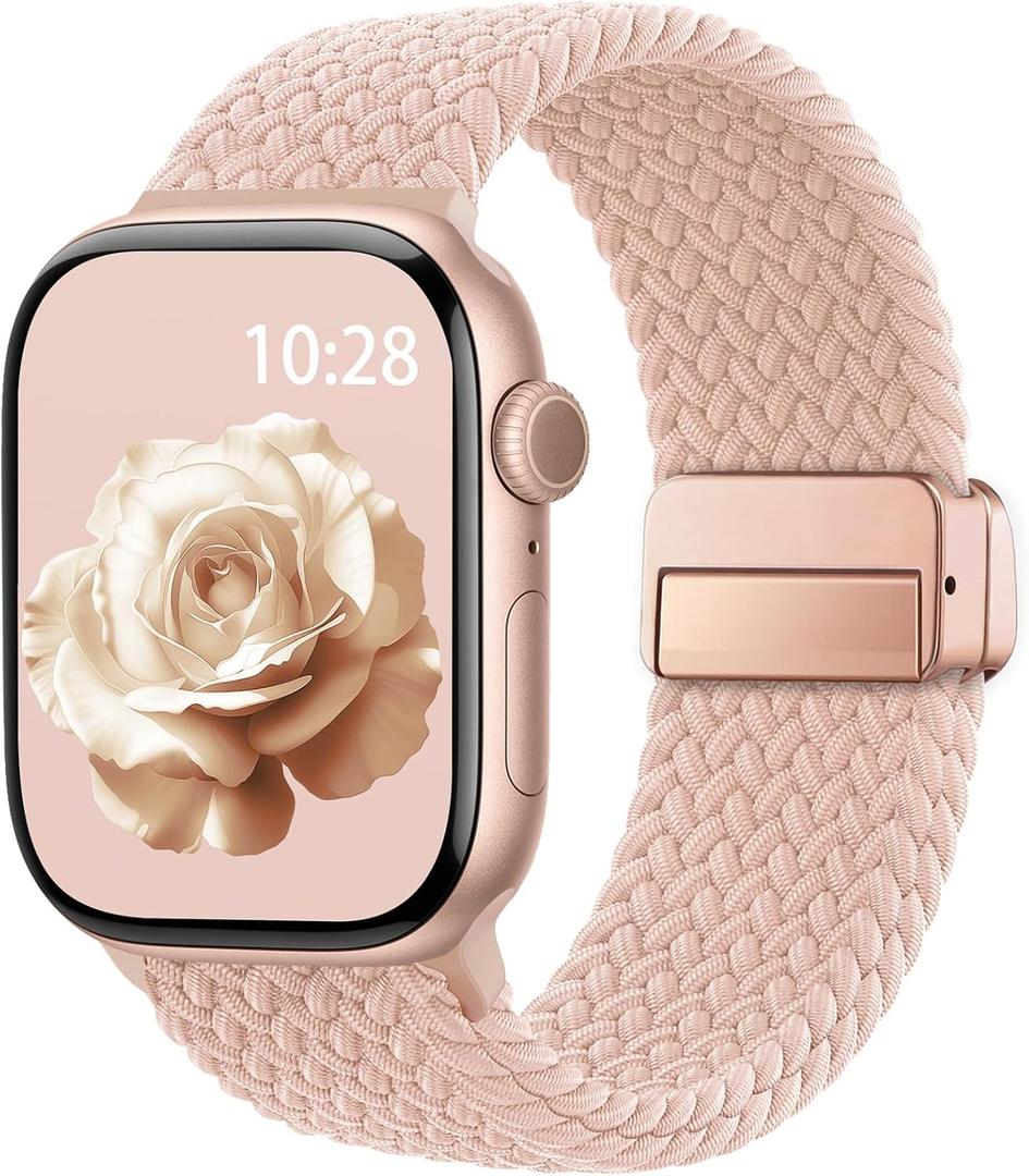 Braided Stretchy Band Compatible with Apple Watch Bands 38mm/40mm/41mm/(42mm-series 11 10) Women Men, Soft Nylon Solo Loop Magnetic Sport Strap for iWatch Series 11 10 9 8 7 6 5 4 3 2 1 SE Ultra (Pink Sand)