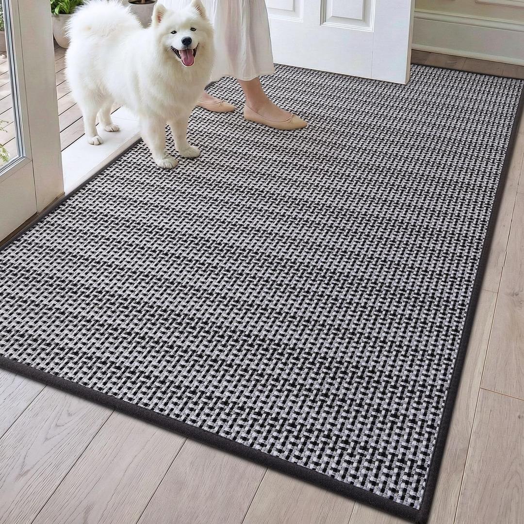 DEXI Ultra Thin Door Mat Indoor Entrance 32x48, Non Slip Rubber Backed Entryway Mats Dirt Trapper, Low Profile Front Doormat for Inside Entry, Patio, Porch, Grey and White