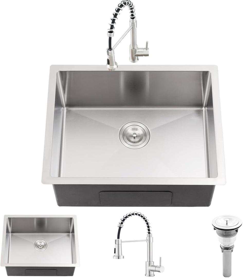 Undermount Laundry Sink with Faucet Combo, 23"x18"x12" Laundry Utility Sink Stainless Steel 12" Deep Laundry Room Sink 16 Gauge Single Bowl Undermount Kitchen Sinks (Brushed Nickel)