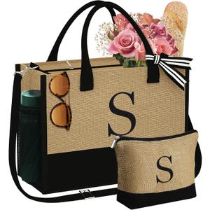 YOOLIFE Mothers Day Gifts for Women - Initial Jute Tote Bag & Makeup Bag, Birthday Gifts for Women Mom Wife Teacher Friend