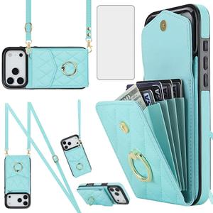 Asuwish Phone Case for iPhone 17 Pro 6.3 inch Wallet Cell Cover with Tempered Glass Screen Protector Crossbody Wrist Strap Ring Stand RFID Blocking Card Holder i Phone17 i17 17Pro Women Men Girls Teal