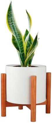 Mozing Ceramic Plant Pots with Stand Indoor - Large Garden Planter Pot with Adjustable Bamboo Plant Stand for 8, 10 inch Flower Pots, Home & Office Decor, White