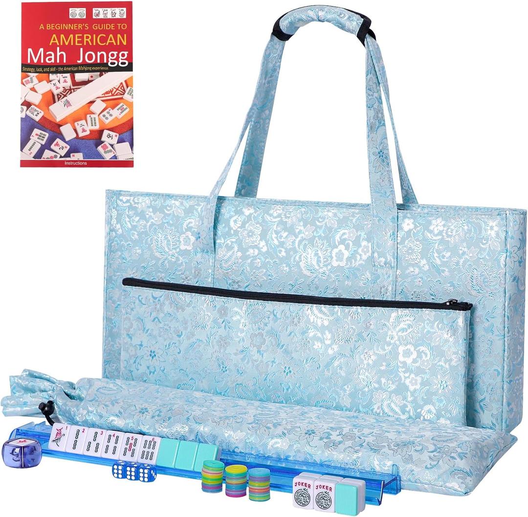 American Mahjong Game Set, 166 Light Green Tiles, Blue Bag with Entire Accessories, 4 All-in-One Rack/Pushers, Mahjong Tiles Set