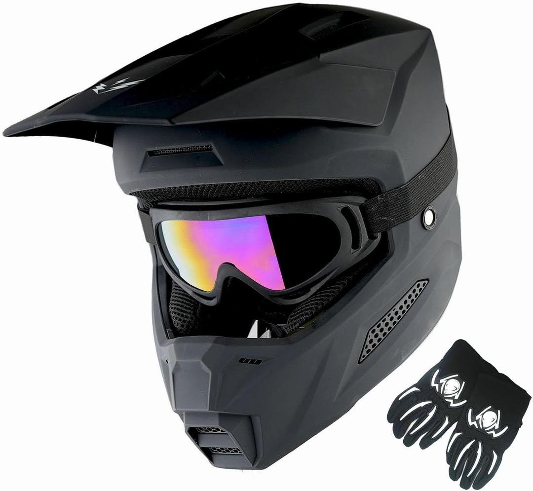 1Storm Youth Motocross Helmet ATV BMX MX Dirt Bike Go Kart Skate Kids Helmet Multi Sports Teenager Matt Black + Goggles + Gloves Bundle, Small