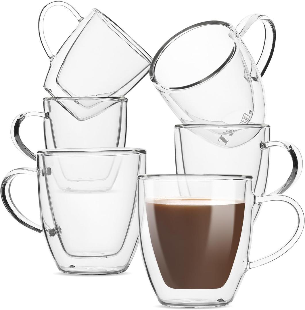 Double Wall Glass Coffee Mugs, 16 oz, Set of 6, Double Glass Coffee Cups, Double Wall Coffee Mugs, Double Insulated Coffee Mugs, Clear Latte Mugs, Glass Coffee Mug, Clear Mugs